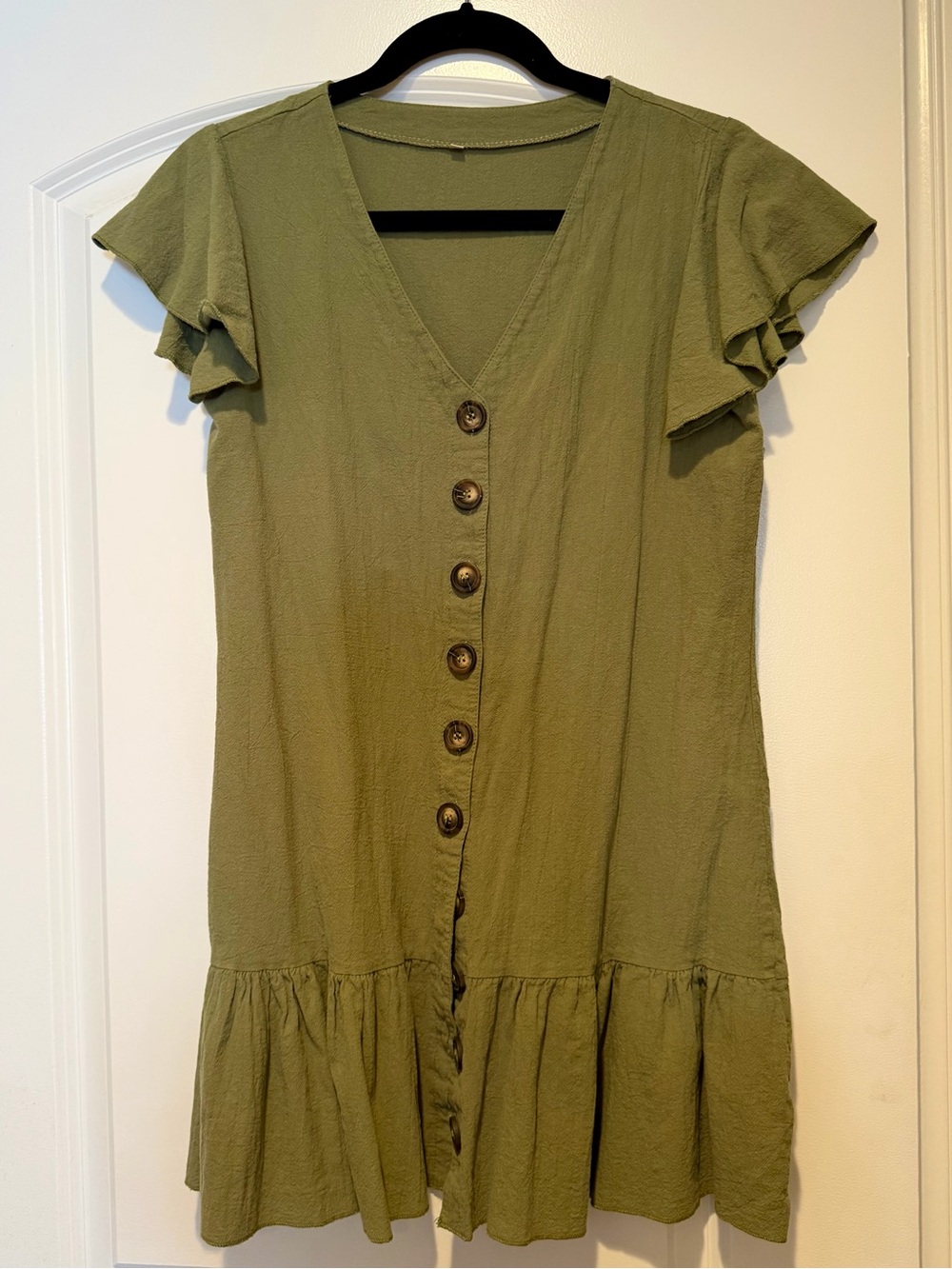 Olive Green Button-Front V-Neck Ruffle Hem Dress